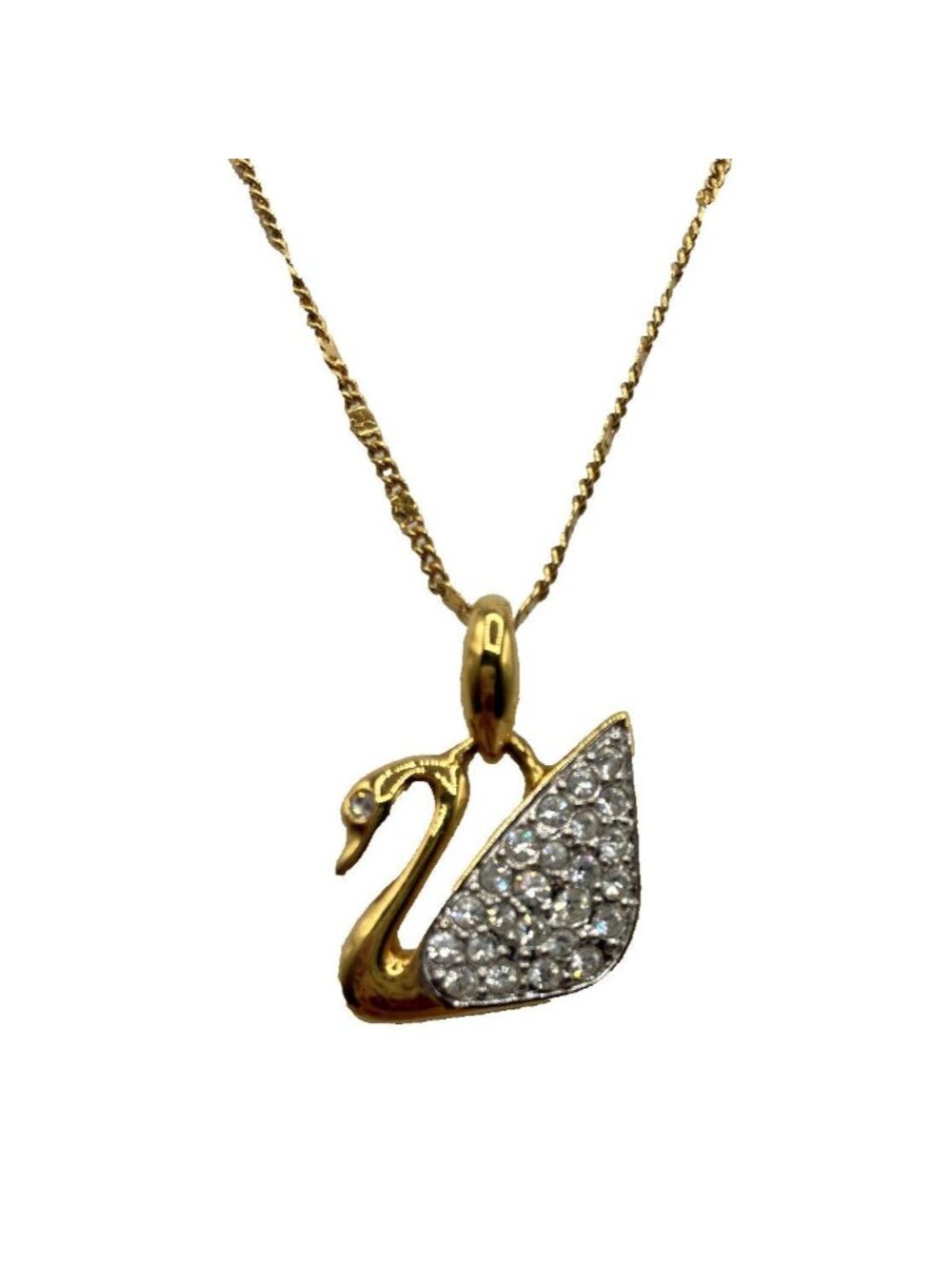 Vintage Signed Swarovski Swan Pendant Necklace Logo Pave Gold Tone